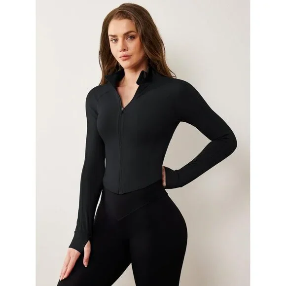 Women's Cropped Lightweight Zip Up Yoga Jacket Athletic Sportswear - Picture 2 of 5